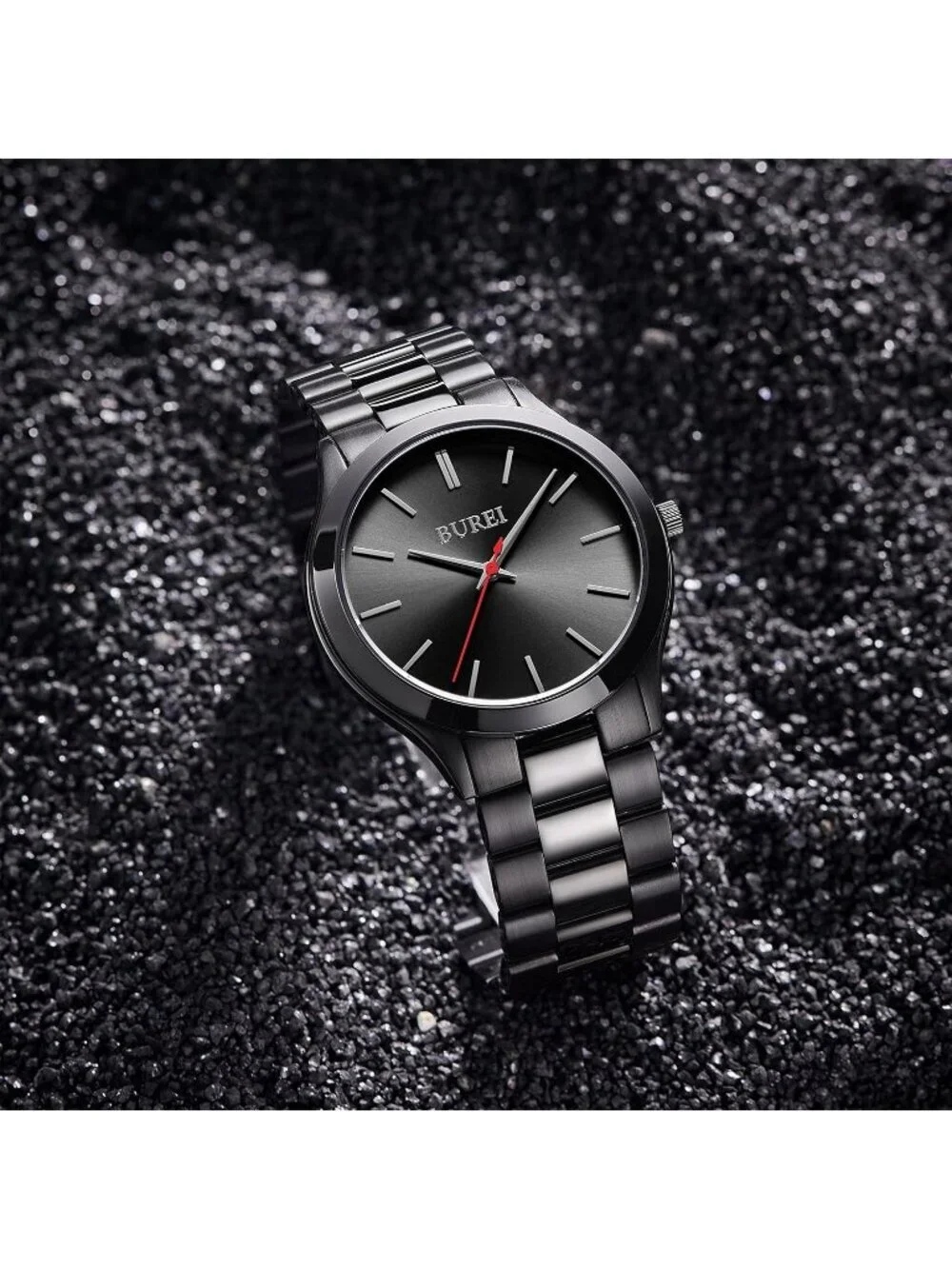 Men's Black Red Analog Quartz Stainless Steel Waterproof Round Luxury Watch